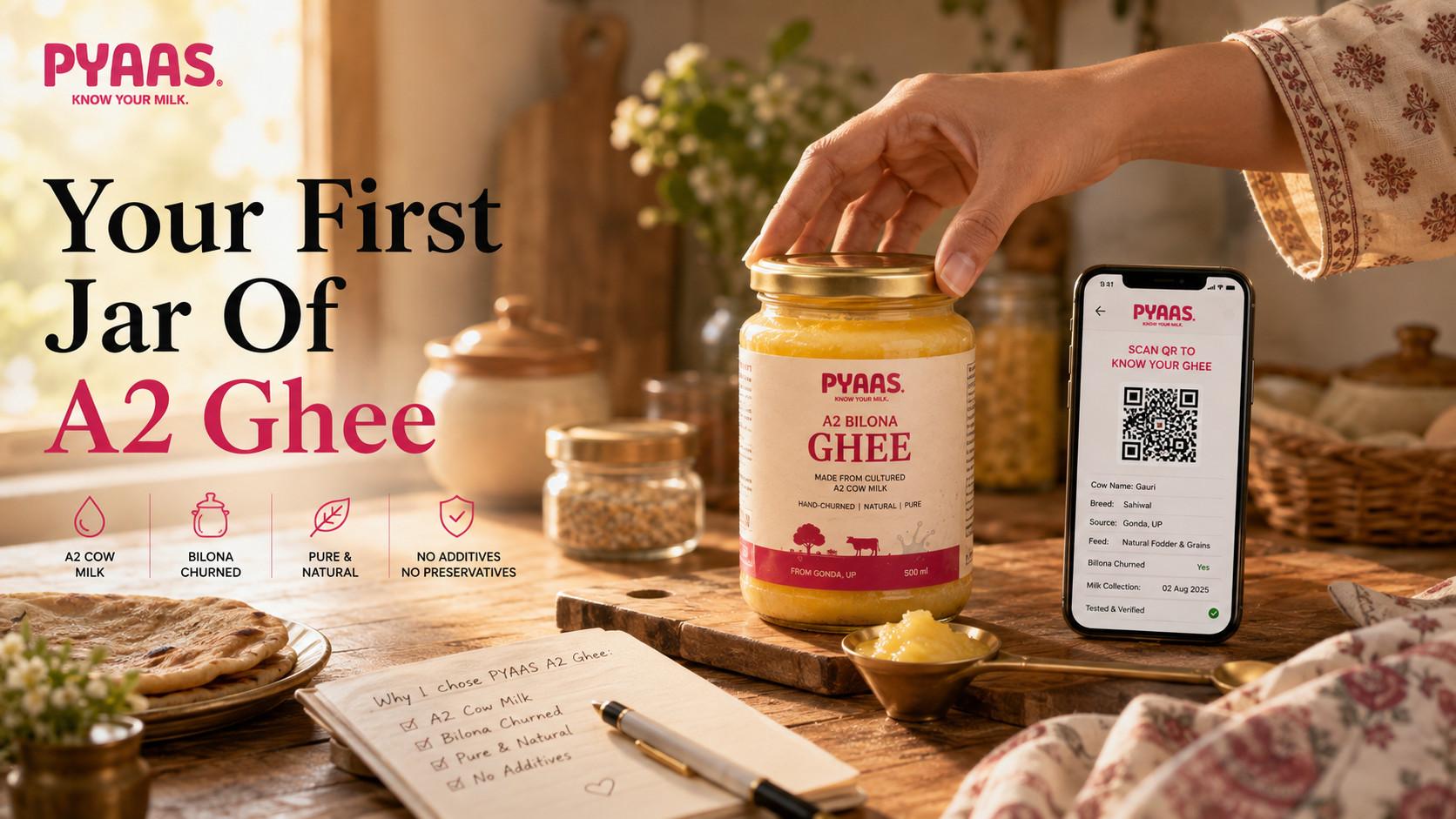 A hand reaching for a PYAAS A2 Bilona ghee jar on a wooden counter with a spoon of ghee and a phone showing a QR record.