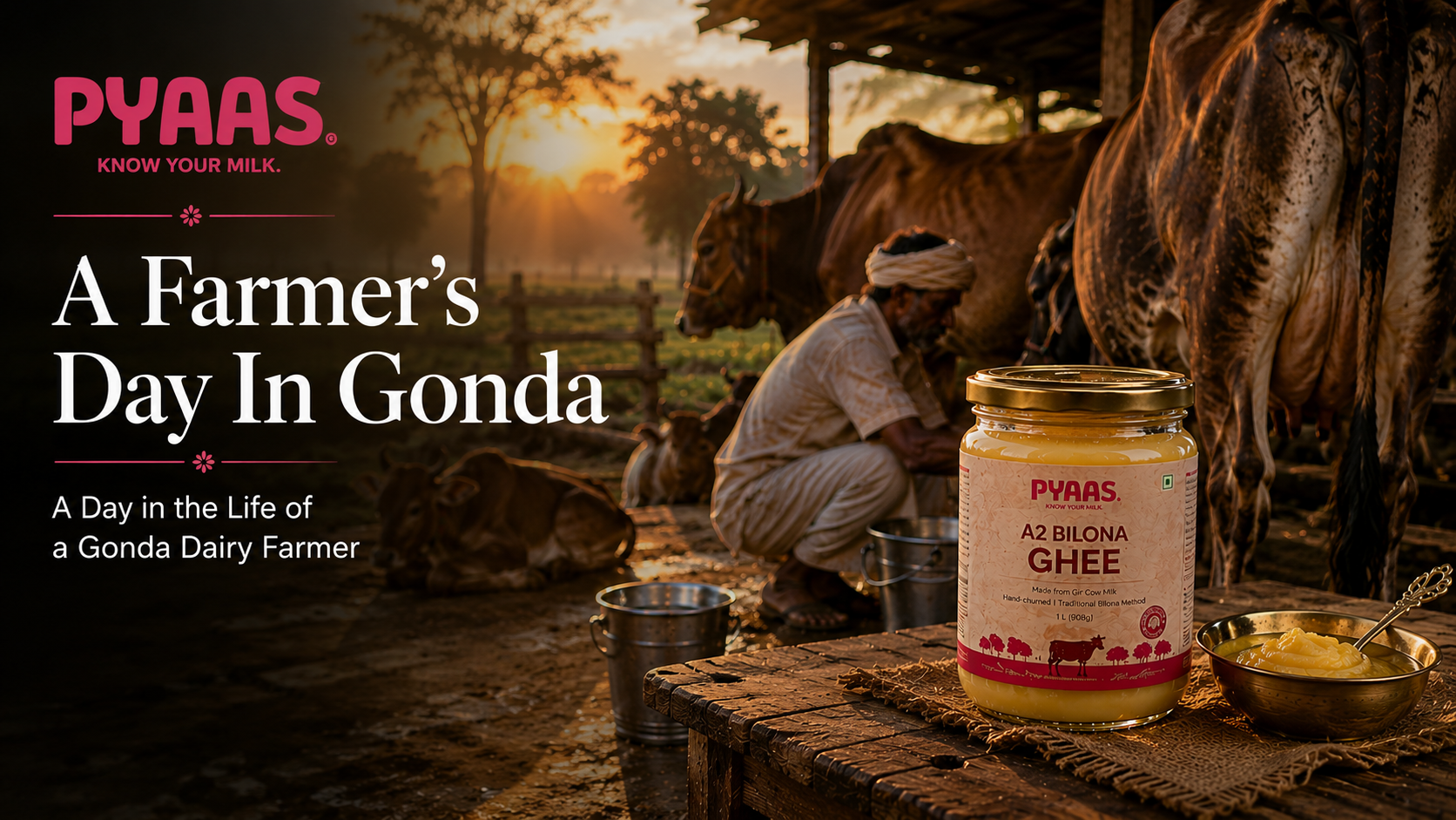An Indian dairy farmer with his cows at dawn and a PYAAS ghee jar on a wooden ledge in the foreground.