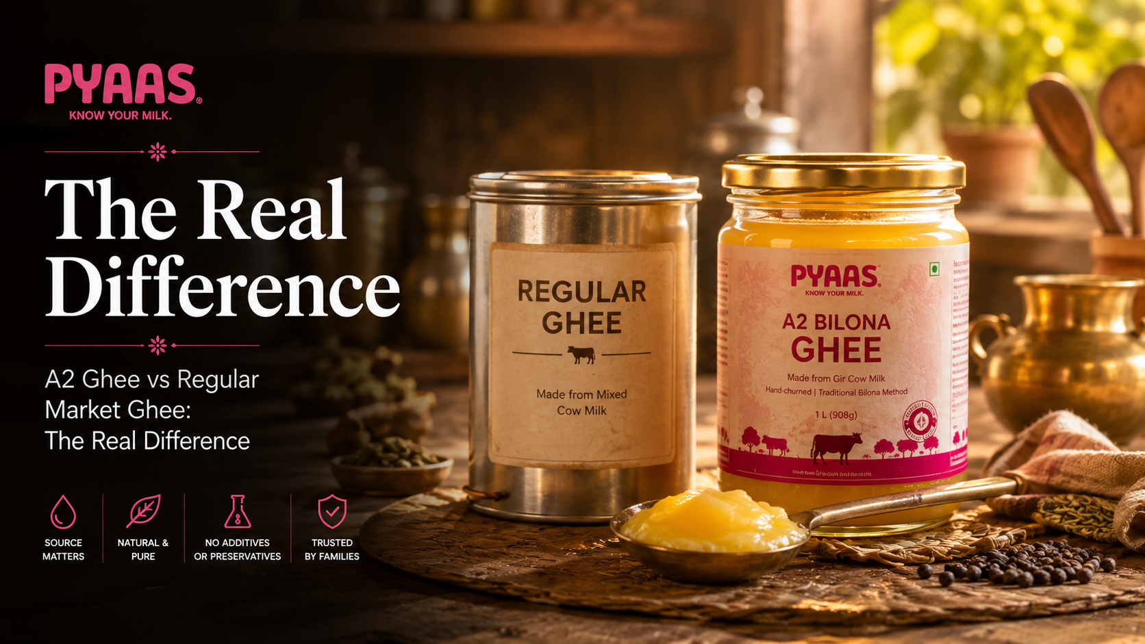 A plain ghee tin beside a PYAAS A2 Bilona ghee glass jar on a wooden surface in warm light.