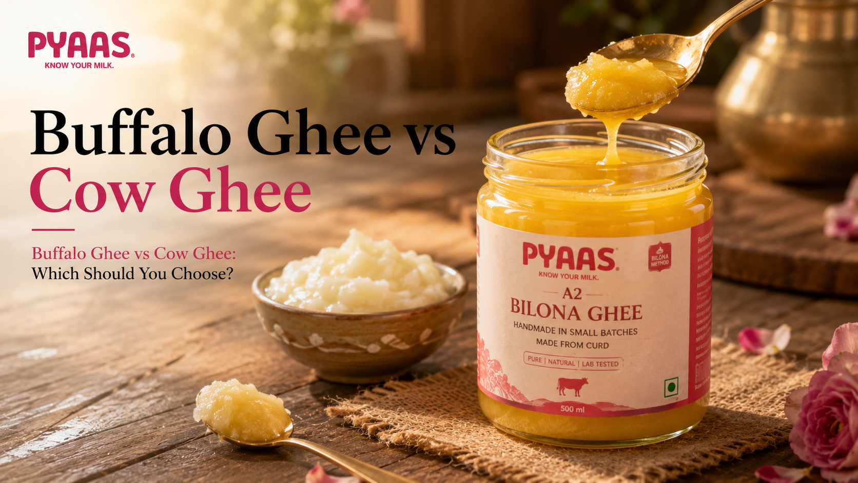Cover image for the article Buffalo Ghee vs Cow Ghee: Which Should You Choose?
