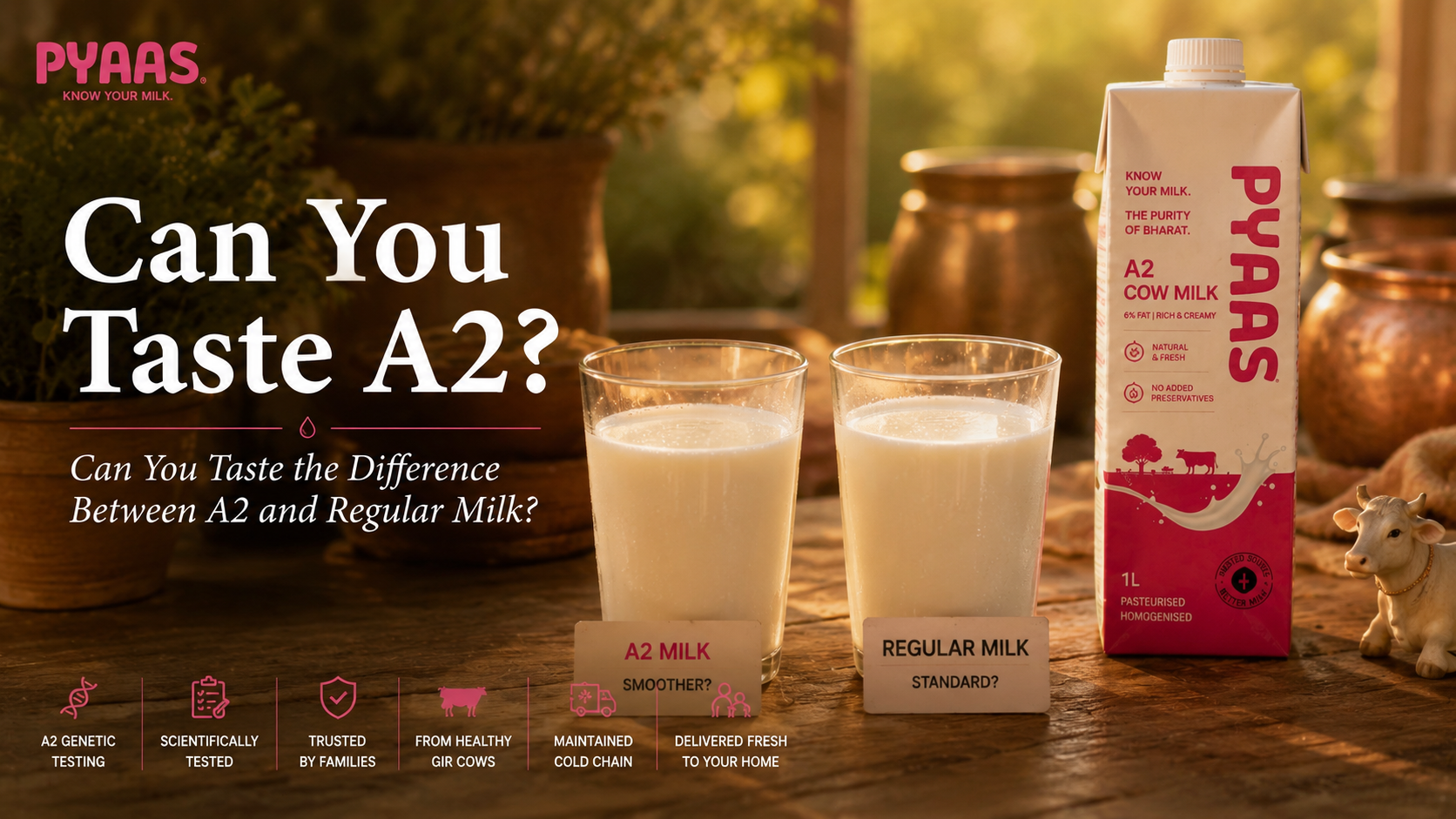 Two identical glasses of milk side by side on a wooden table with a PYAAS milk carton behind them.