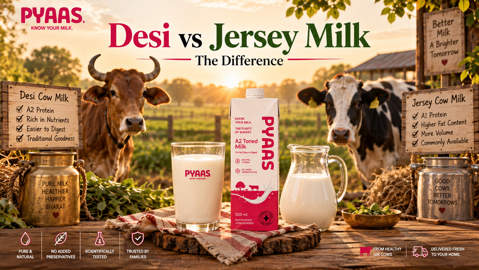 A glass of milk and a PYAAS milk carton on wood with a blurred green pasture and cows behind.