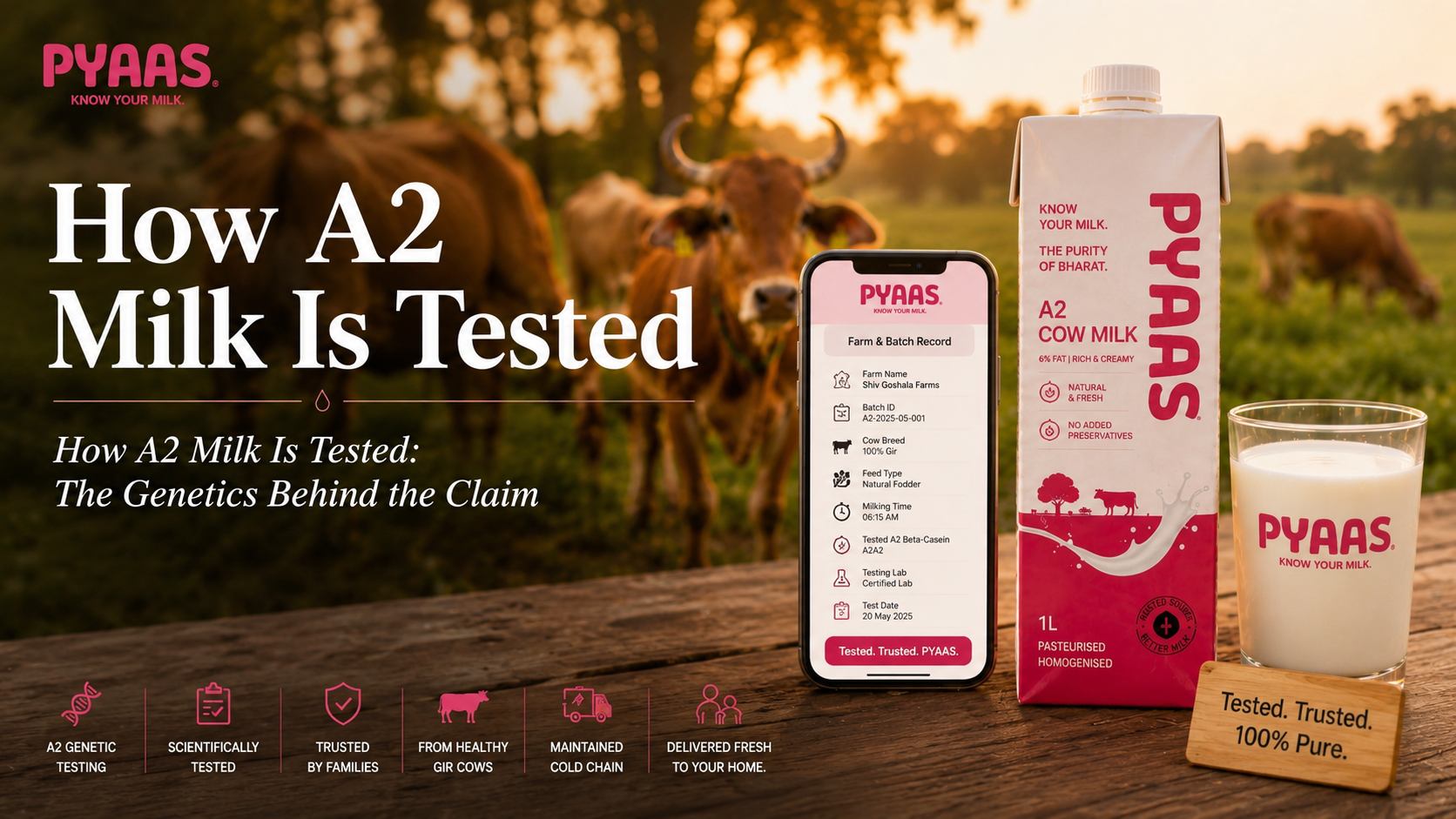 A phone showing a farm record next to a PYAAS milk carton on wood with a blurred farm behind.