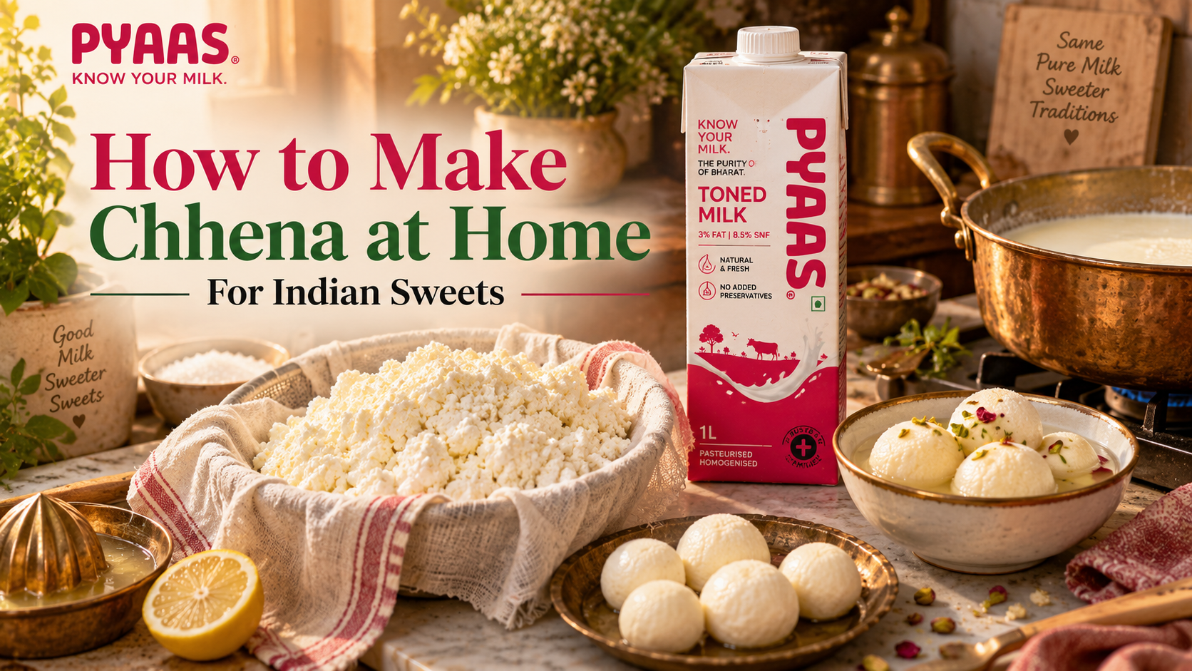 Freshly made chhena in a muslin cloth beside rolled balls, rasgullas in syrup and a PYAAS milk carton on marble.