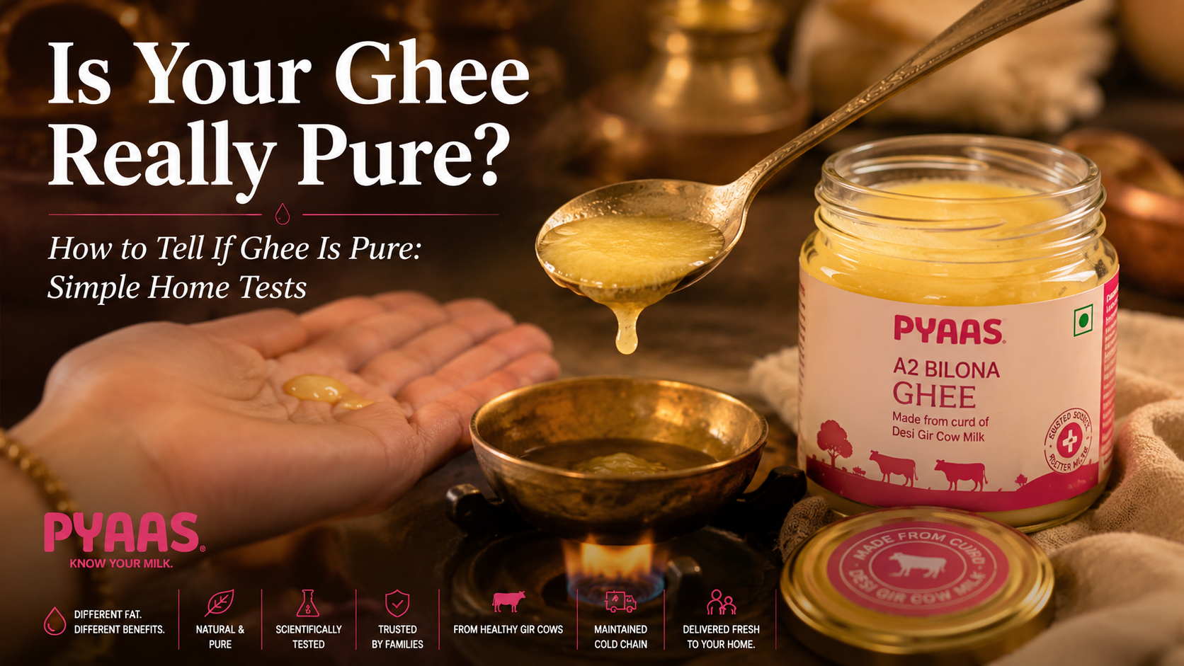 A spoon of golden ghee melting over a flame next to an open PYAAS ghee jar on a wooden kitchen counter.