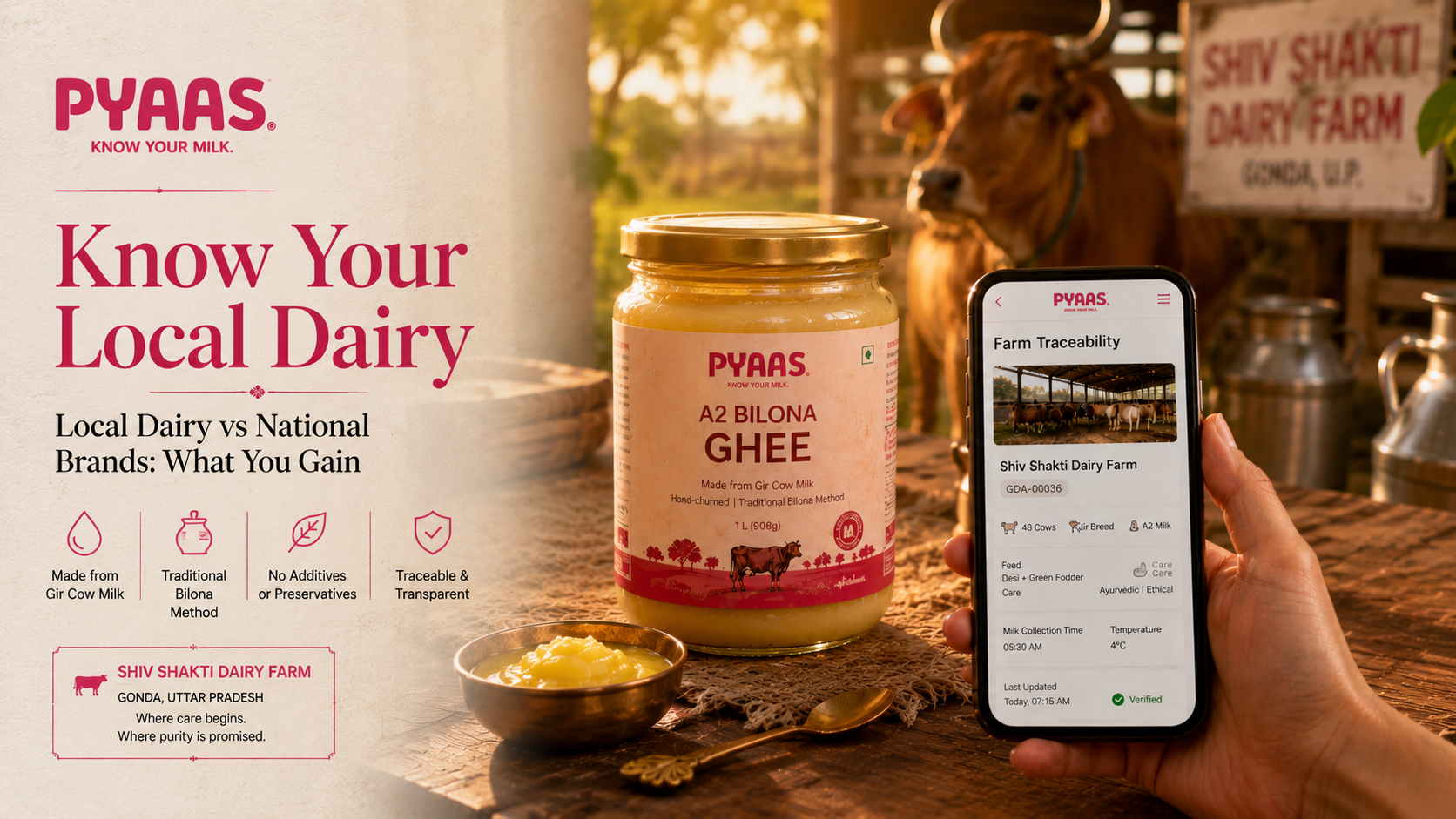 A PYAAS ghee jar and a phone showing a farm record on a wooden table in golden light.