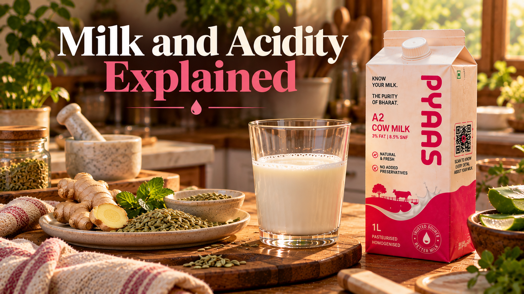 A half-full glass of milk on a wooden counter beside a PYAAS milk carton in soft daylight.