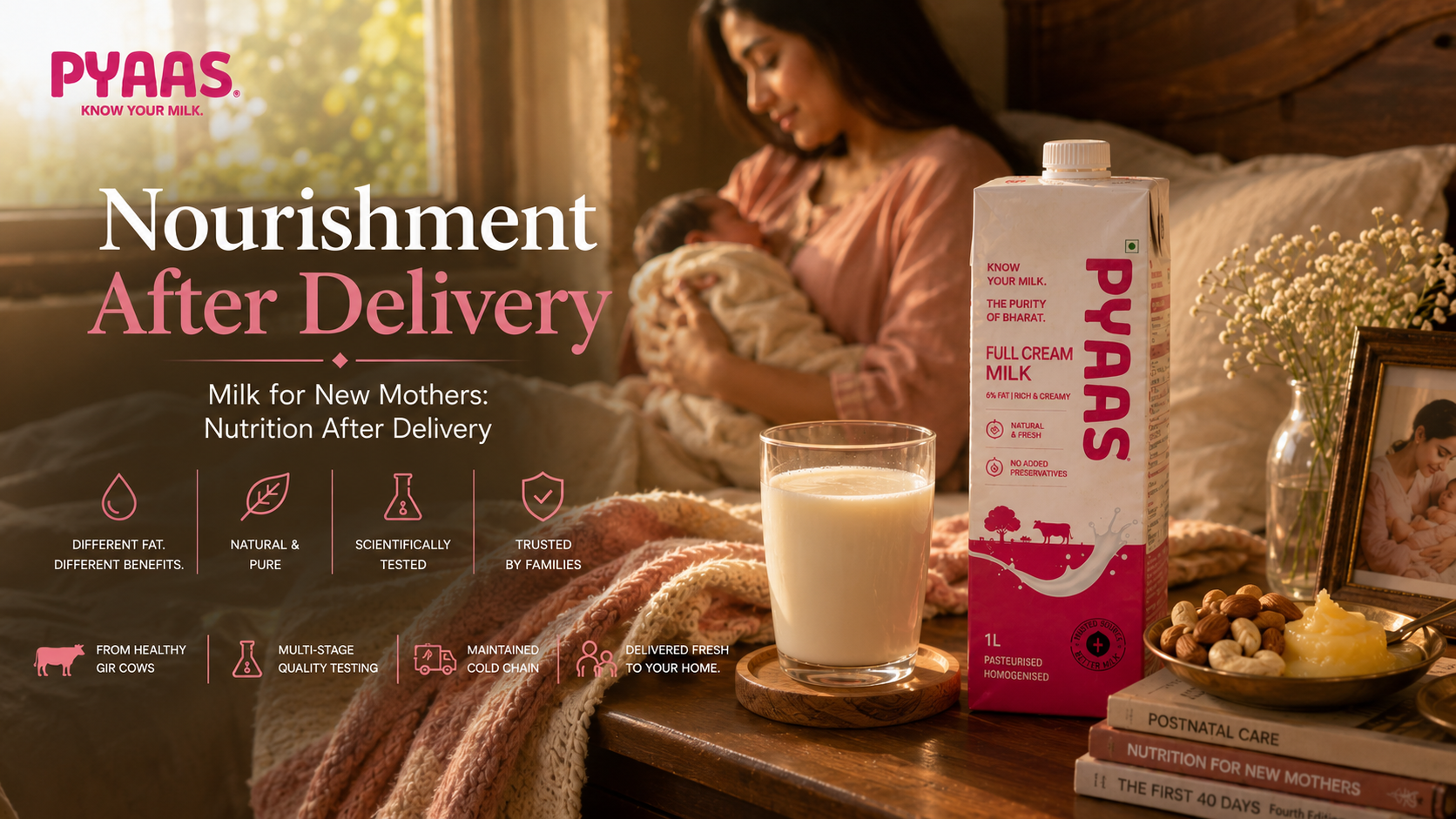 A glass of warm milk with dry fruits and ghee on a bedside table beside a PYAAS carton in soft light.