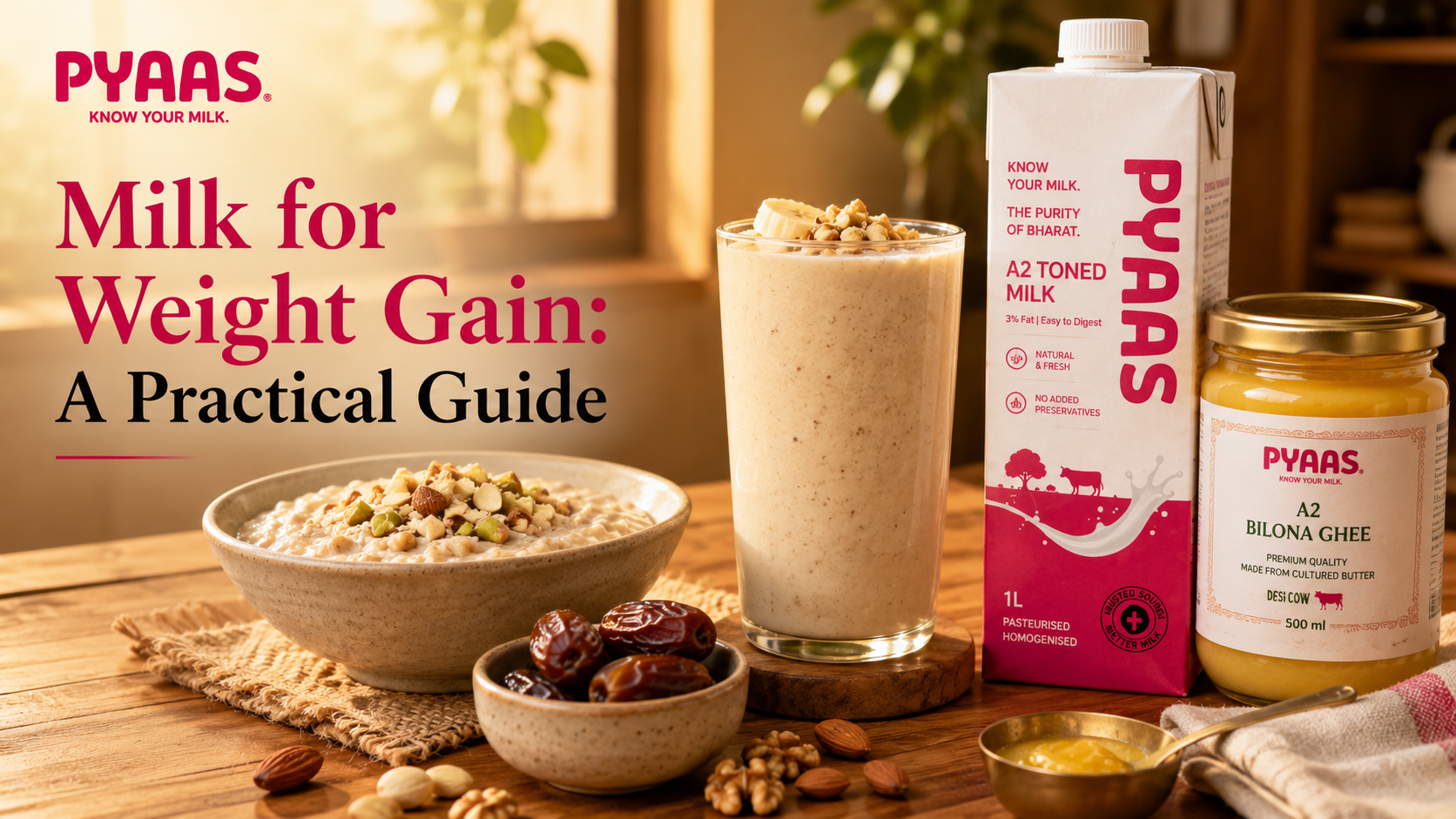 A creamy milkshake, oats and dates beside a PYAAS milk carton and ghee jar on a wooden breakfast table.