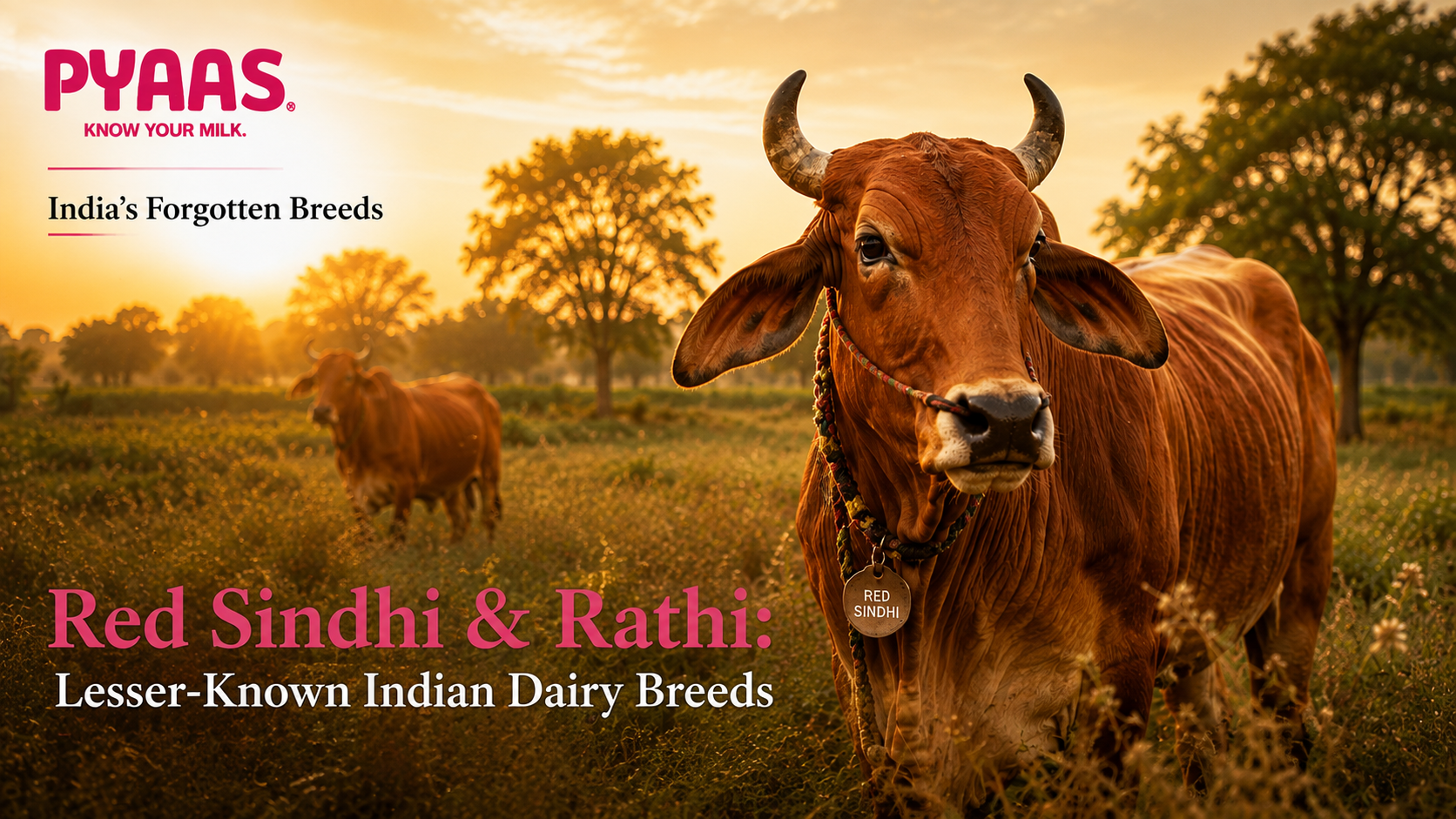 A healthy red-coated indigenous Indian cow standing in a golden sunlit rural field at sunset.