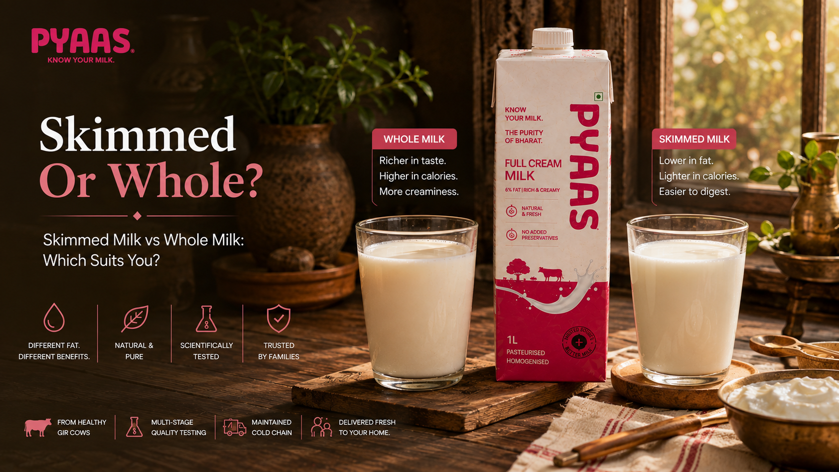 A richer glass and a lighter glass of milk on a wooden table with a PYAAS milk carton standing between them.