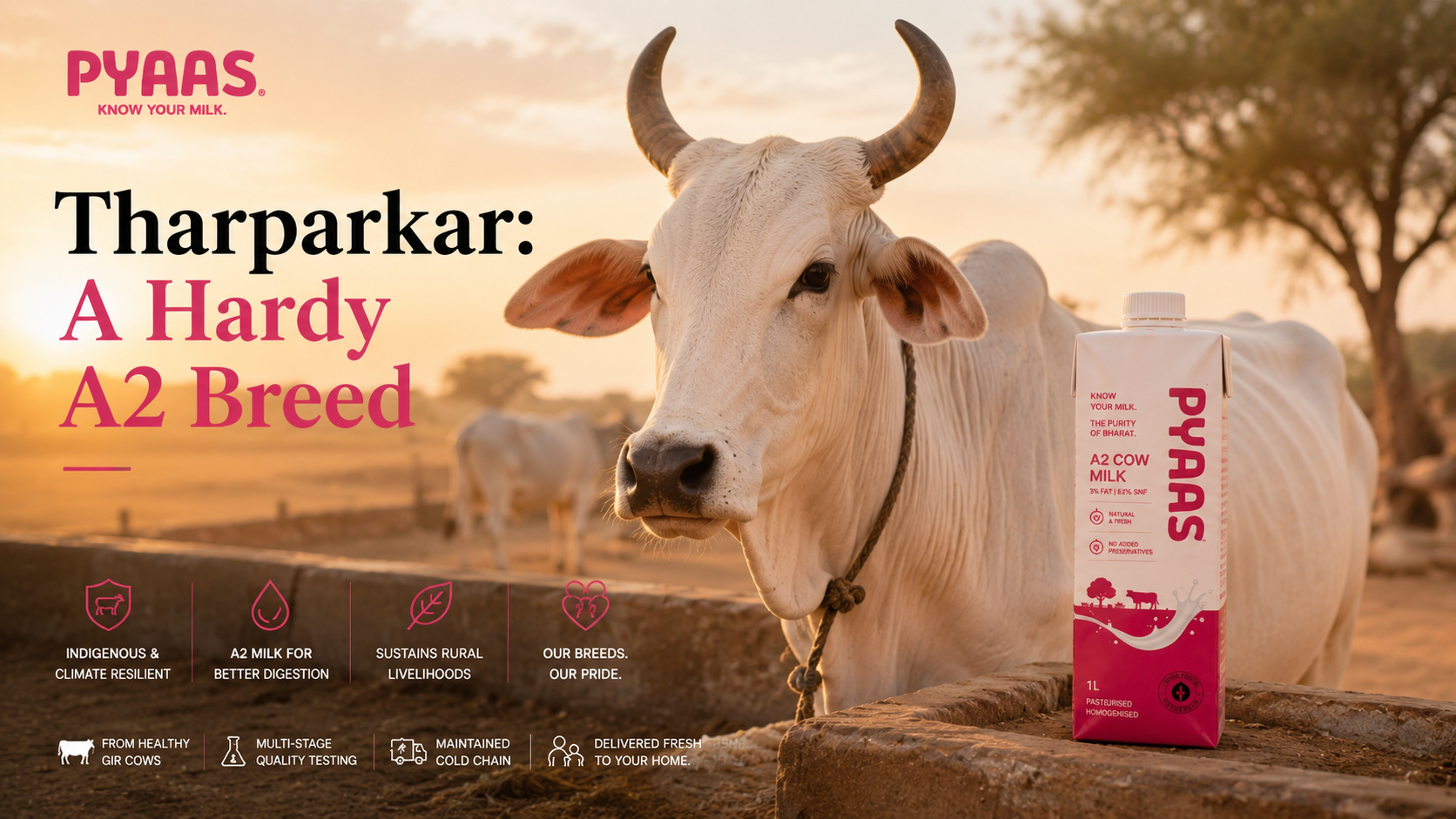 A light-coloured indigenous cow in golden light with a PYAAS milk carton on a wooden ledge in front.