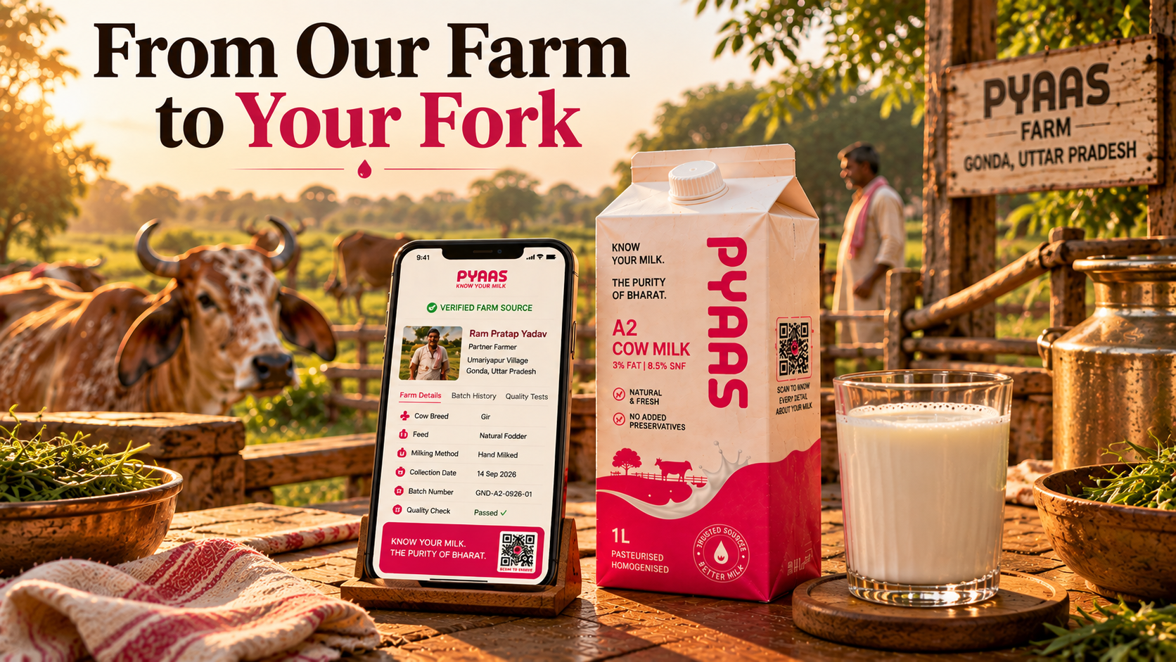 A phone showing a farm record beside a PYAAS milk carton and ghee jar on a table with a farm in the background.