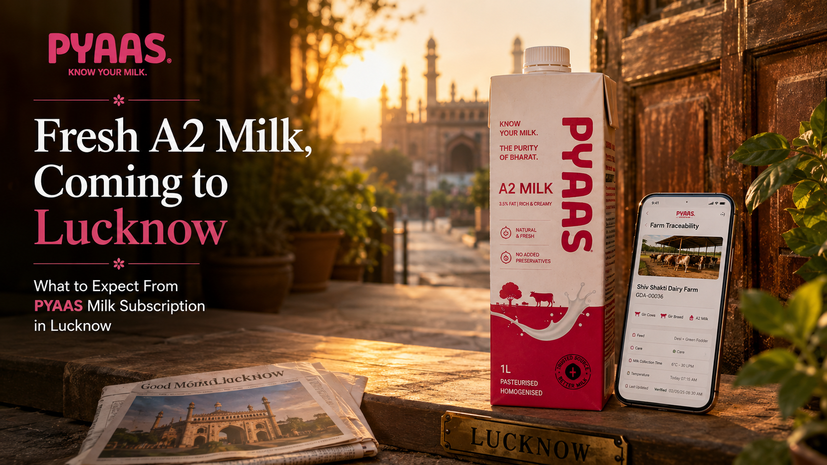 A PYAAS milk carton on a wooden doorstep beside a phone showing a farm record in soft morning light.