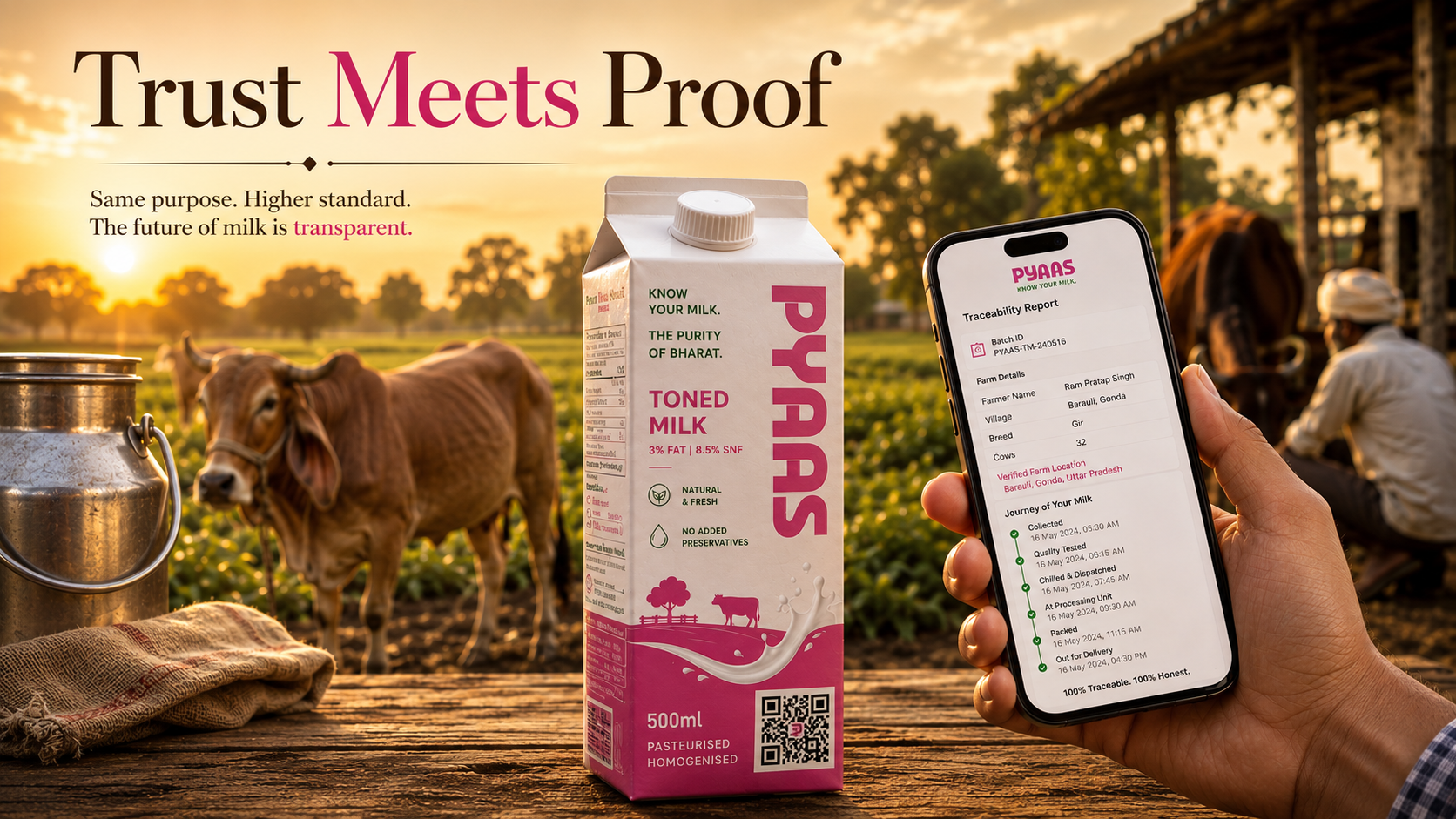 A vintage-style heritage dairy carton next to a modern QR-coded PYAAS carton on a wooden table at golden hour.